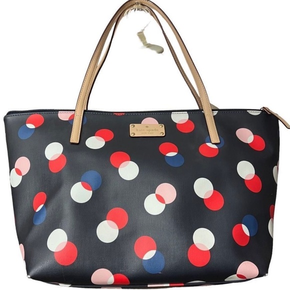 Handbags - Kate Spade All Day leather Tote dark blue Multicolored Polka Dots